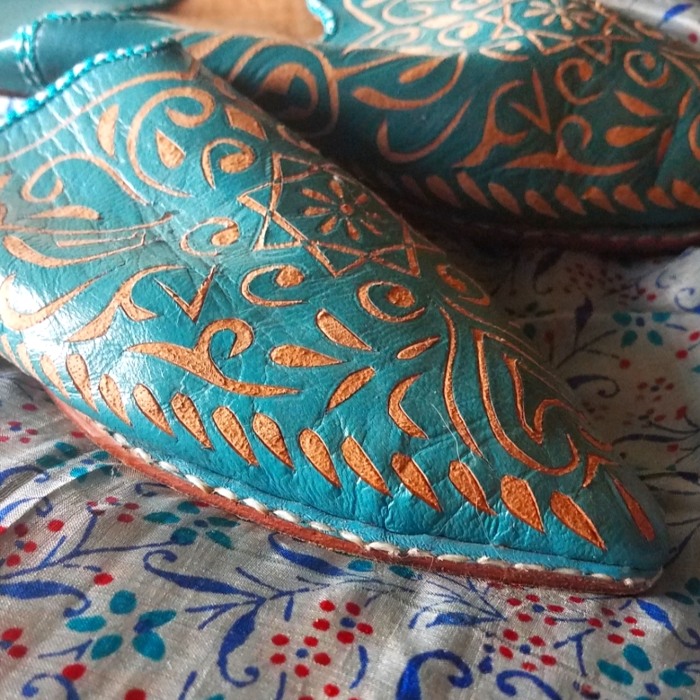 Handmade Leather Slippers,Vibrant Turq./Saddle Tan 8.5